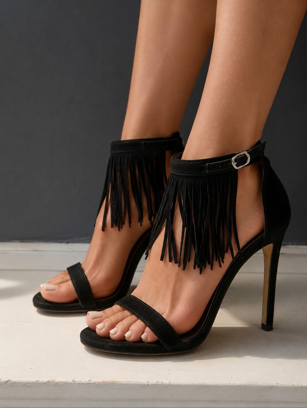 Stuart Weitzman Black Fringe Ankle-Strap High Heels